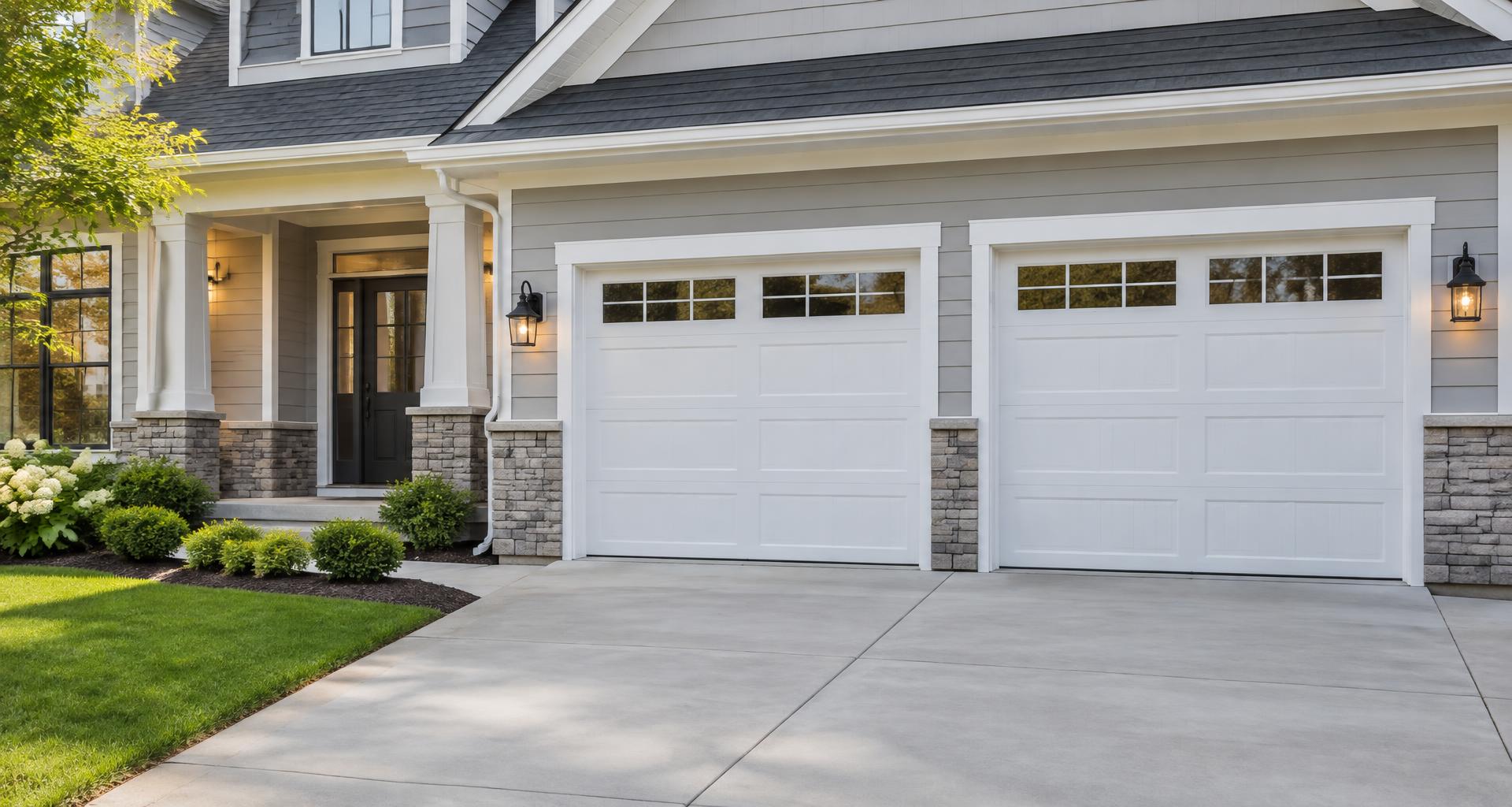 Illustrative residential home with white sectional garage doors